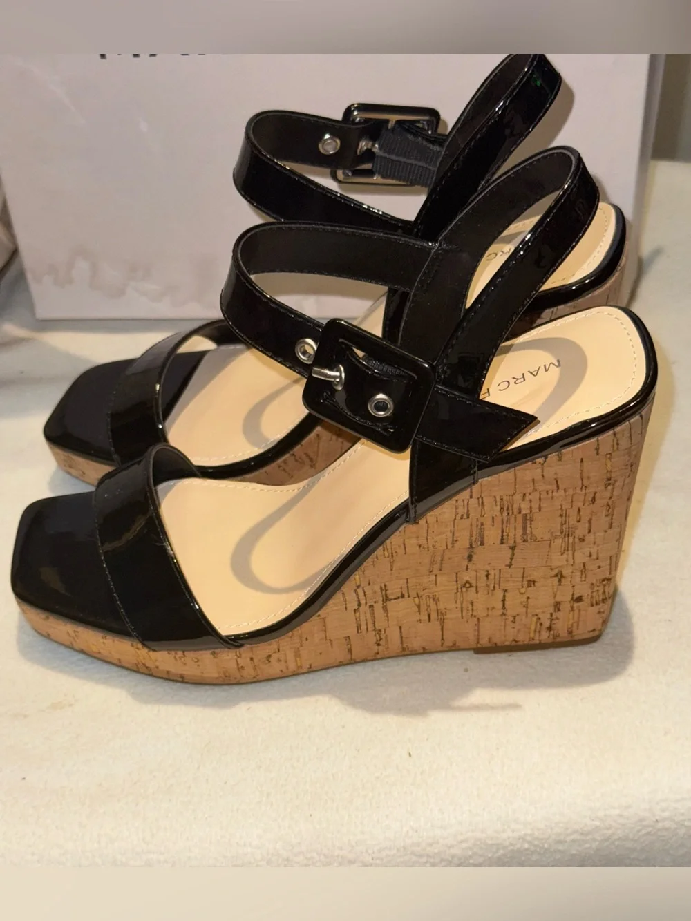 Marc Fisher Black Patent Cork Platform Wedge Sandals